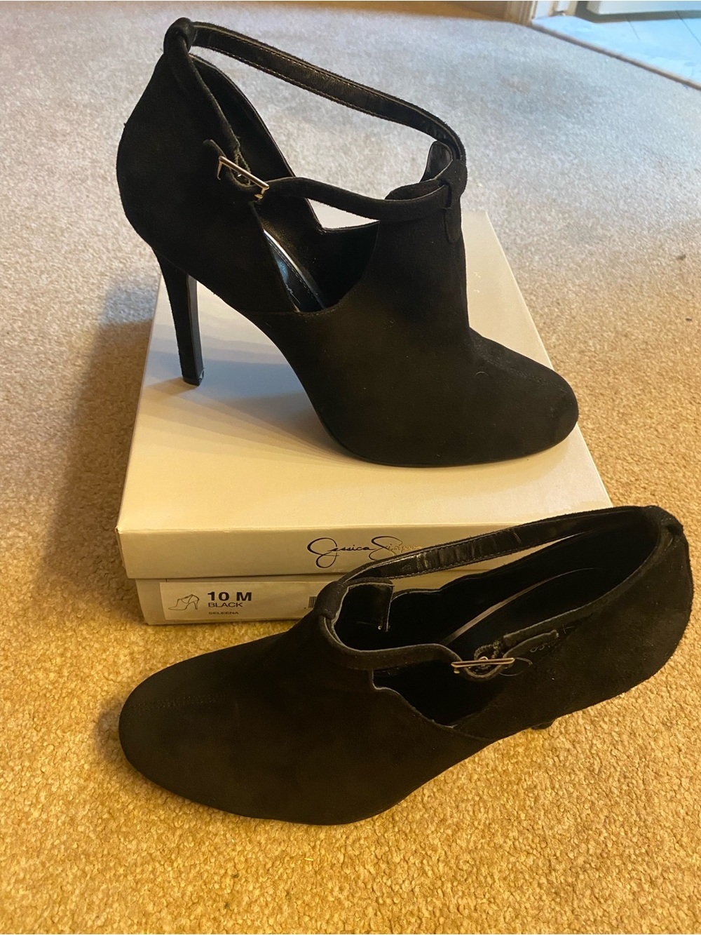 Jessica Simpson Black Suede Ankle Strap Stiletto Booties (10)